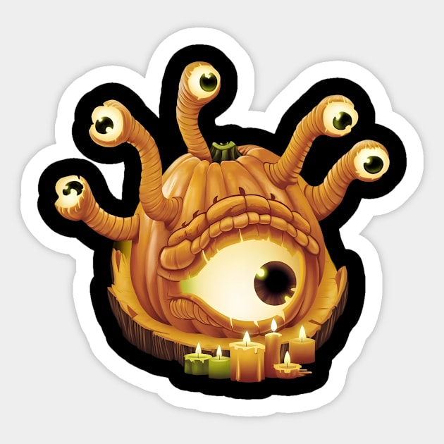 Carved Pumpkin with Multiple Eyes Stalks and a Glowing Mouth Sticker by animegirlnft